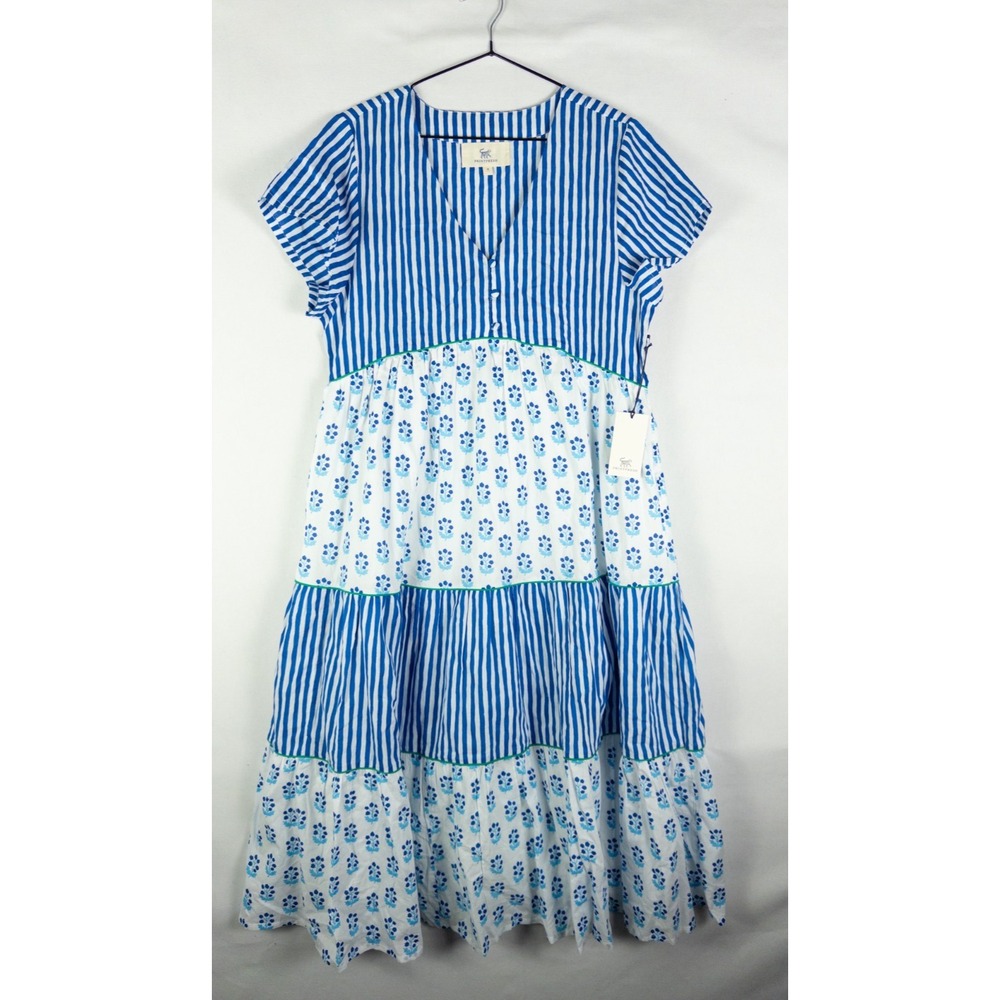 NWT Printfresh Tiered Midi Dress Blue Stripe Floral Block Print Organic Cotton M